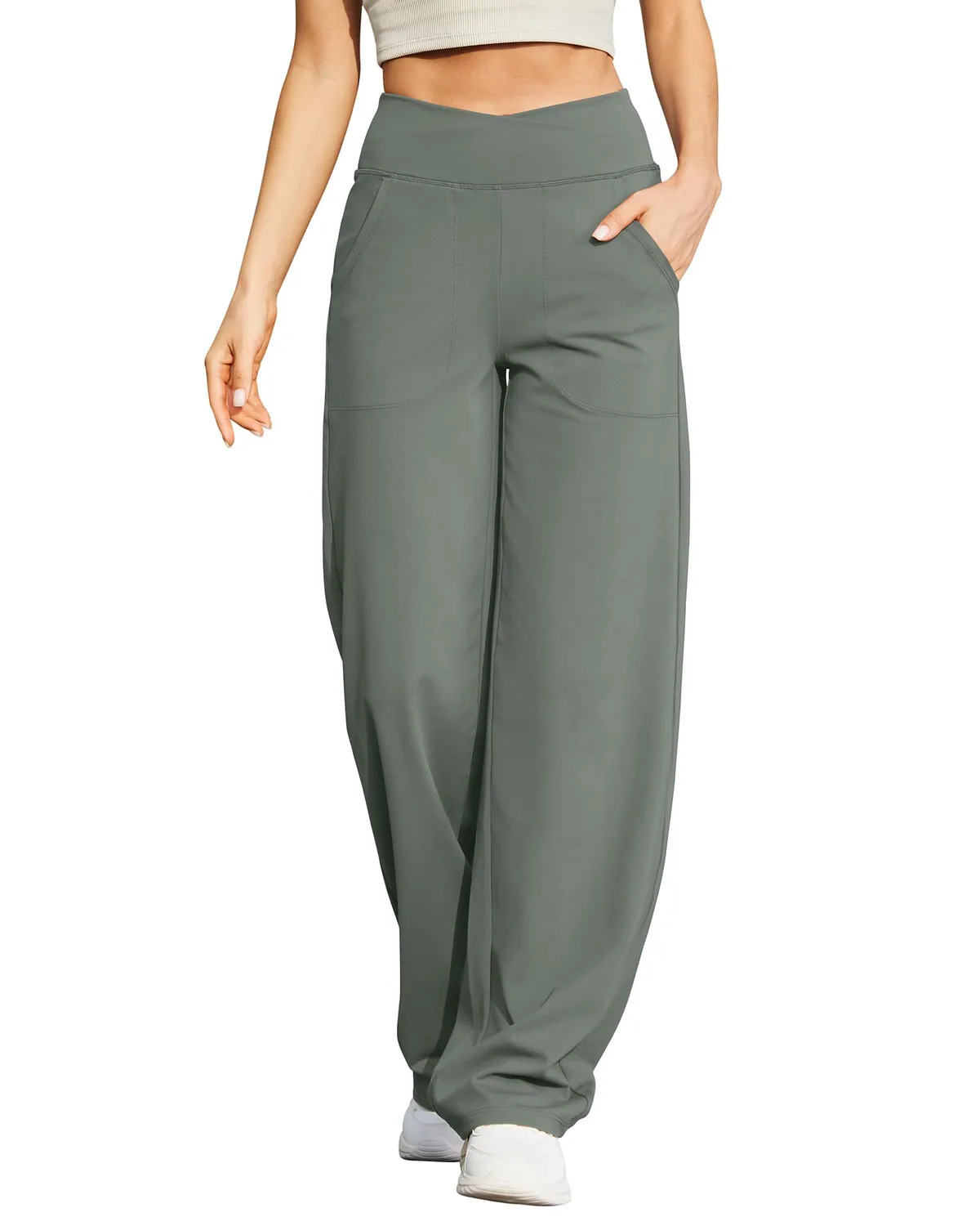 Wide Leg High Waist Solid Yoga Pants for Women with Pockets Spandex/Nylon Plus Size (Petite/Regular/Tall) Four-Way Stretch