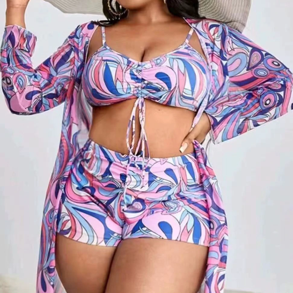 New Enlarged Long Top High Waisted Flat Angle Pants Women's Swimsuit Three Piece Set