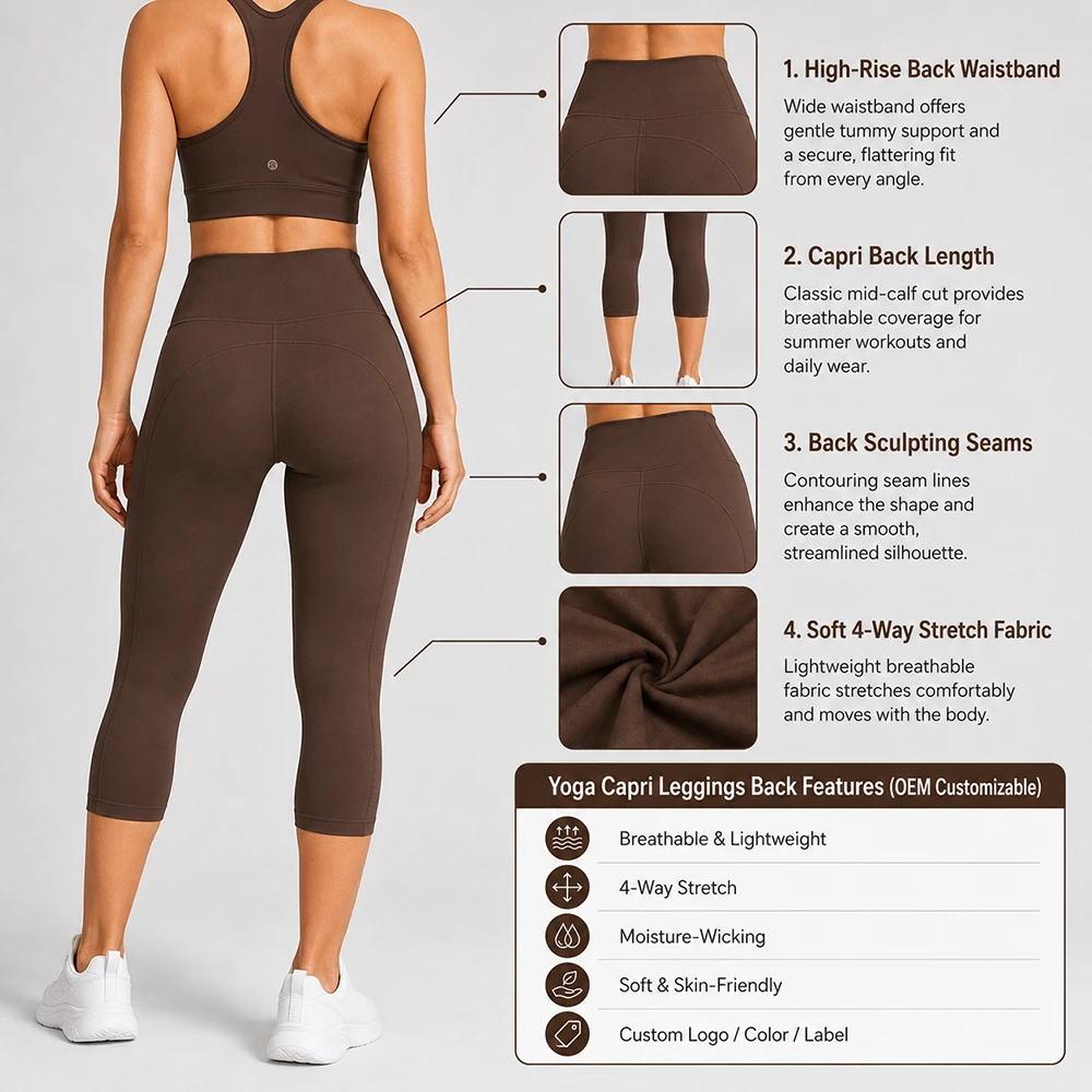 Oem High Waist Yoga Capri Leggings with Tummy Control Four-Way Stretch Moisture-Wicking Body-Contouring Workout Cropped Pants