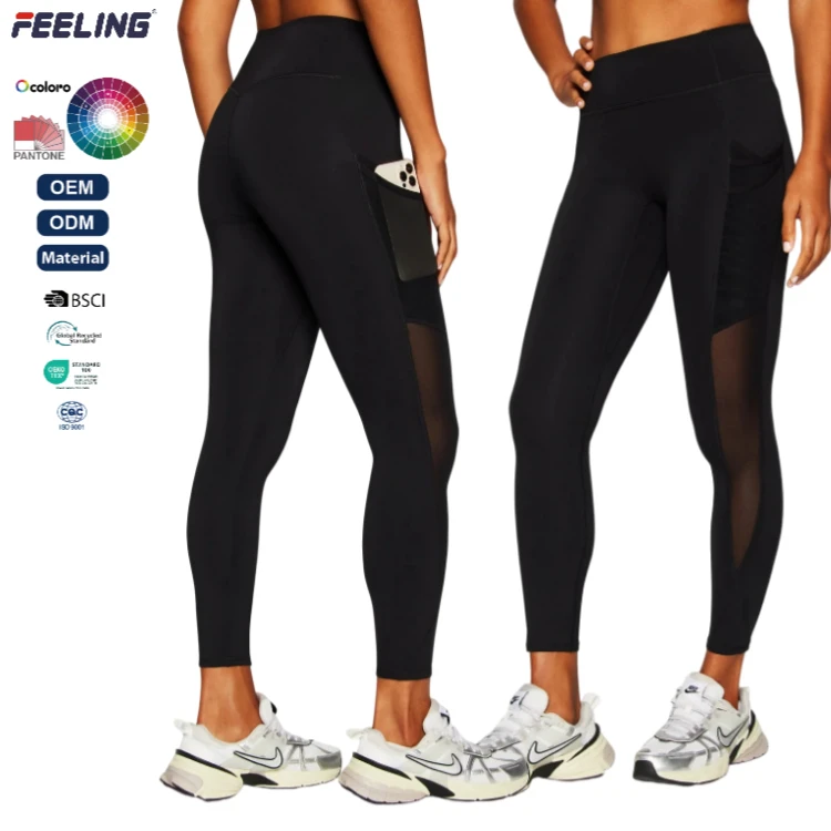 Women's High Waist Yoga Pants with Side Mesh Panels and Pockets Slim Fit for Casual Sports Wear OEM ODM