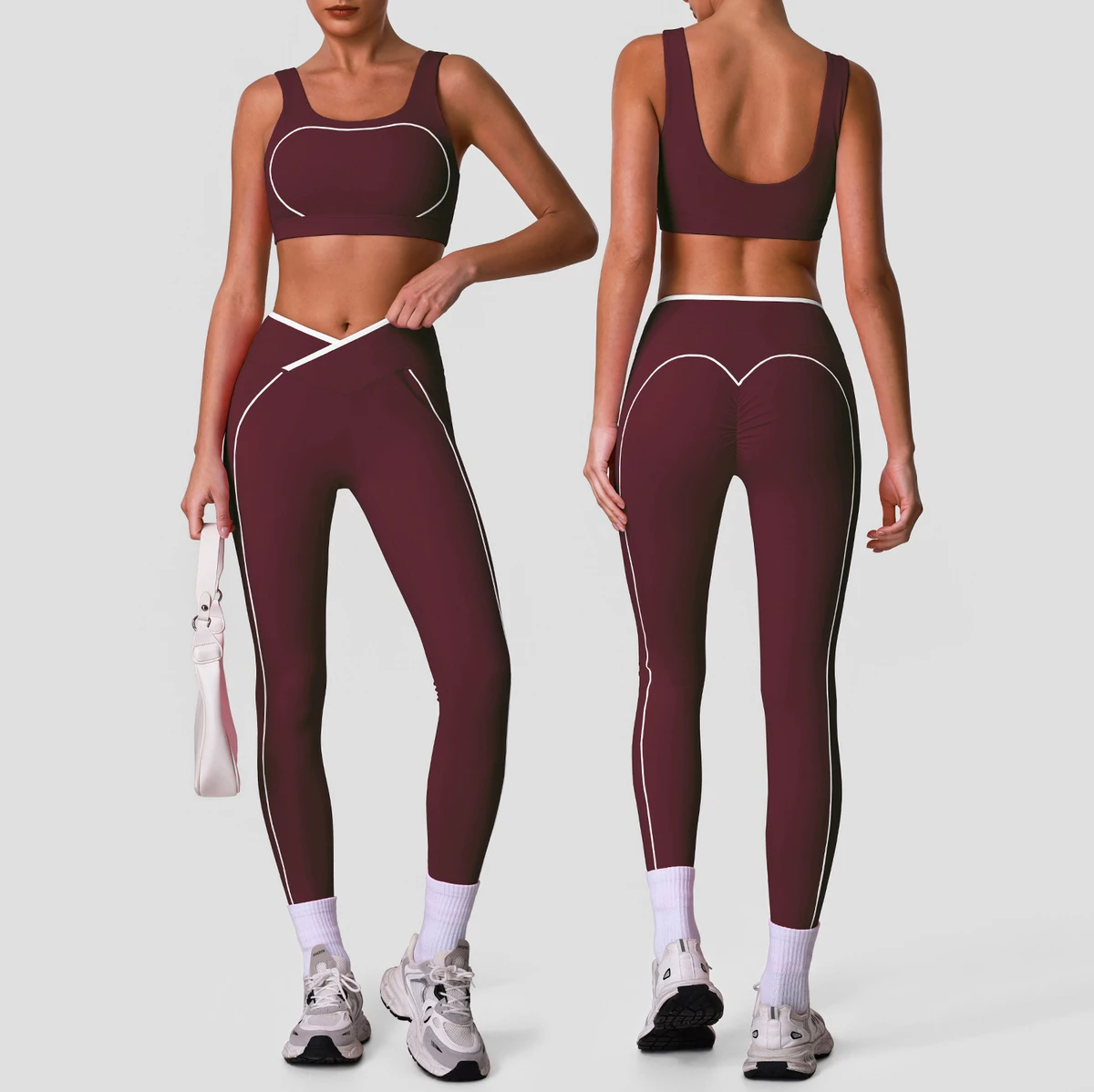 Women's Breathable Lightweight Cross Waist Solid Yoga Set-Elastic Waist High Waist Sports Bra & Shorts