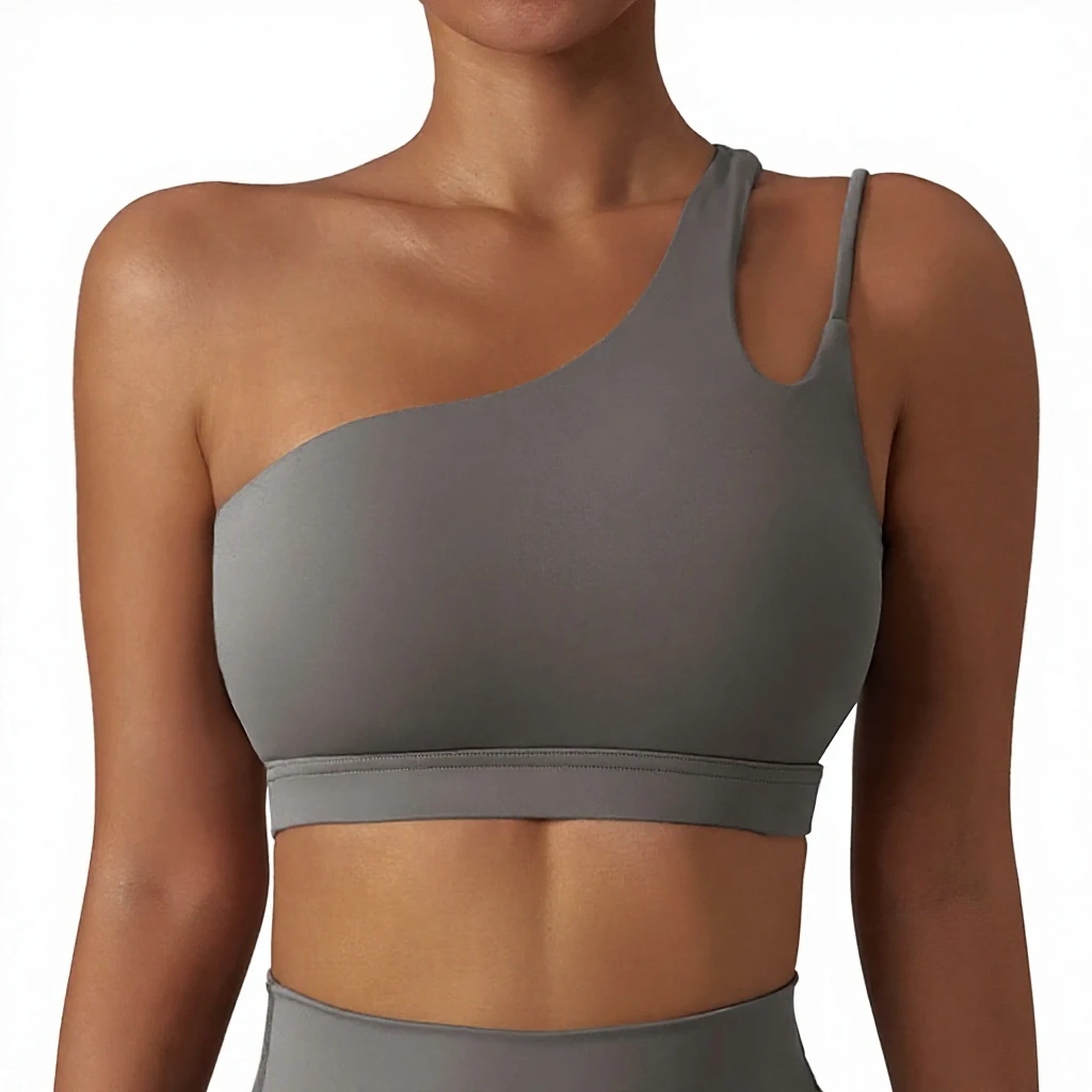 Female Fitness Sports Bra Neck Sports Bra Women Medium Support Yoga Activewear Gray One Shoulder Spaghetti Strap Top Sport Bra