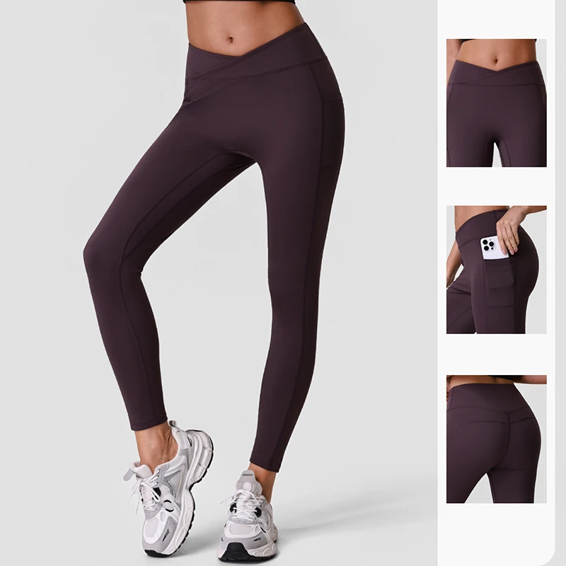 Custom Solid Side Pocket Cross Waistband Butt Lifting Nude Feeling Tummy Control Gym Yoga Leggings for Women