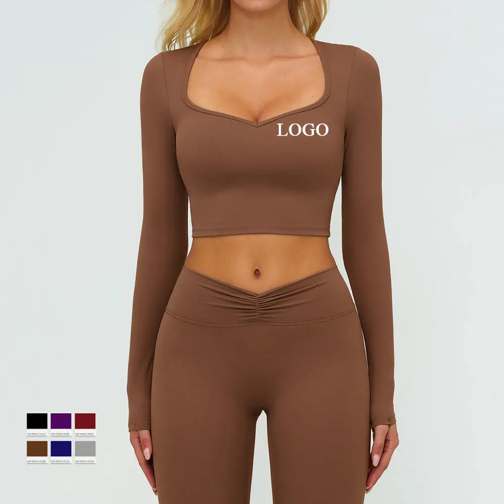 2 Piece Yoga Set Square Neck Full Sleeve Crop Top High Waist Ruched Leggings Solid Color Seamless Breathable Spandex Polyester