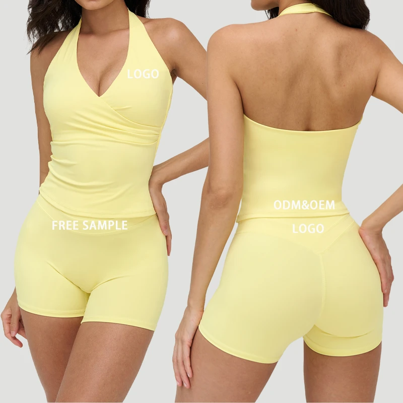 Custom Plus Size Gym Clothing Active Wear Yoga Set Halter High Waist Tight Fitting Short Top Front Logo Fitness Trousers Suit