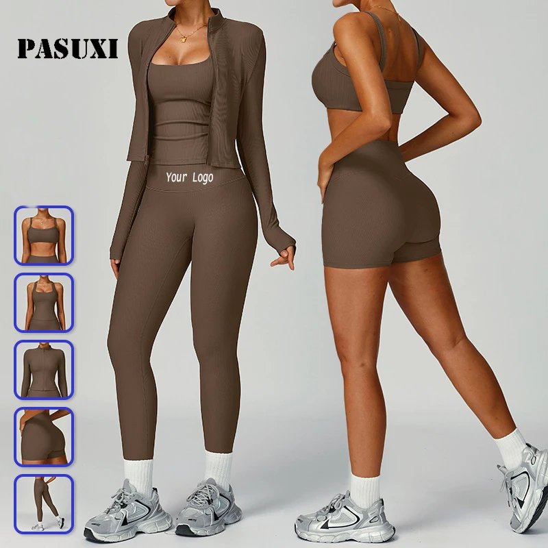 PASUXI High Elastic Yoga Wear Set for Women 5 Piece Seamless Activewear Gym Workout Clothing Quick Dry Ribbed Fitness Set