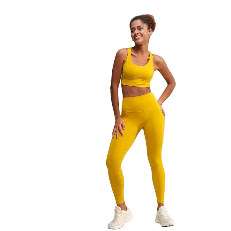 Women's Solid High-grade Breathable for Two-piece Yoga Suit High Waist Tight Sports Bra and Fitness Pants Peach