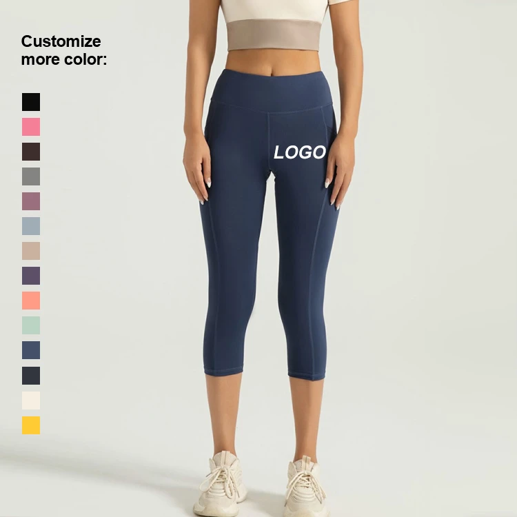 Customized High Waist Yoga Pants Women Elastic Waist Spandex Push-up Leg Design 7-Point Exercise Seamless Side Mesh Pockets