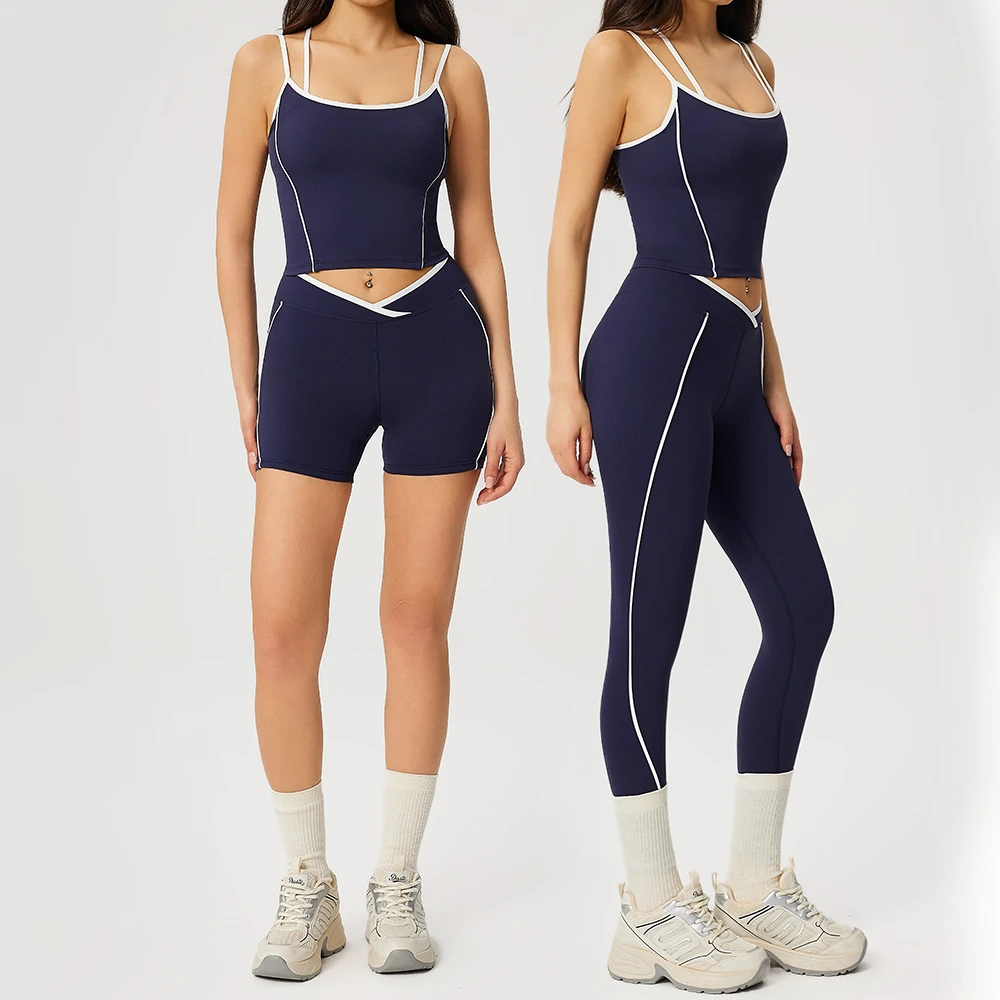 Women's Yoga Set Tight-Fitting Cross-Waist Contrasting Color Tank Top Shorts Breathable Quick Dry European American Fitness