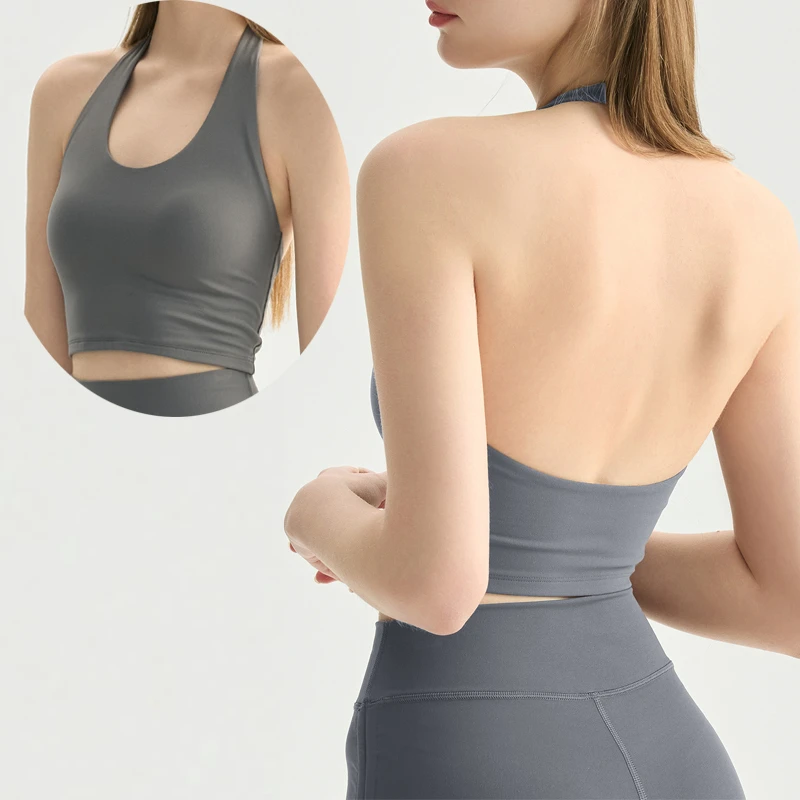Women's Plus Size Breathable Reversible Halter Neck Yoga Top Bra with Built-in Bra Medium Support Workout Shirt for Gym Training