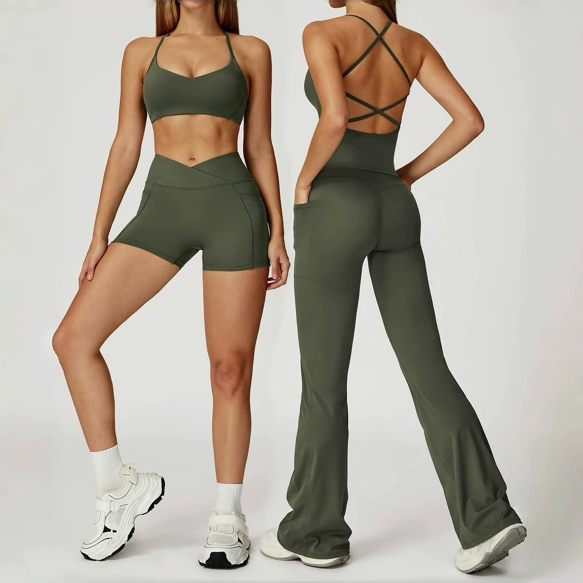 YanRuo Women's High Waist Cross-Back Quick-Dry Breathable Four-Way Stretch Yoga Set Solid Pattern Outdoor Running Fitness