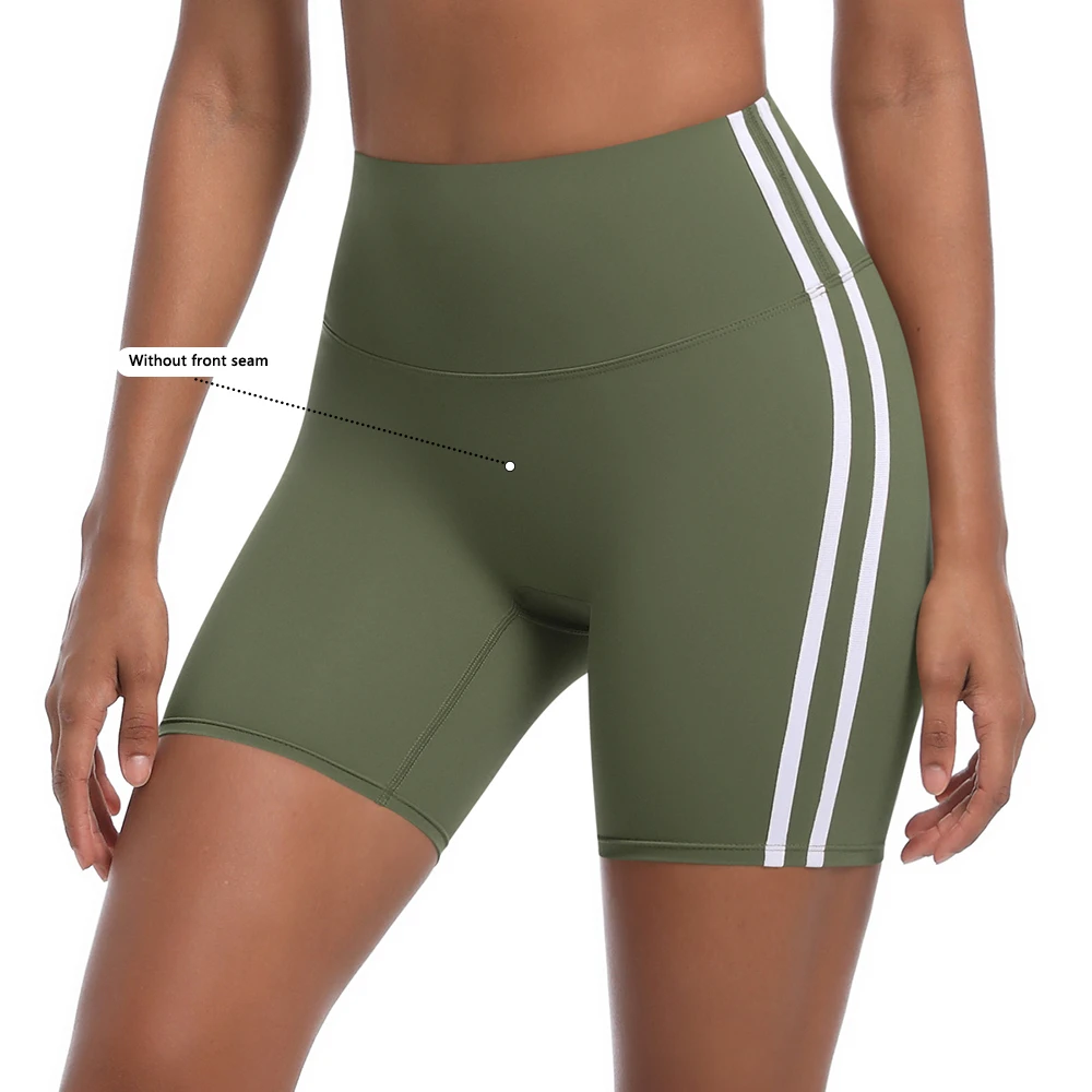 Women's High Waist Gym Yoga Football Shorts Elastic Waist Side Stripe Pattern Tummy Control Stretch Running Shorts