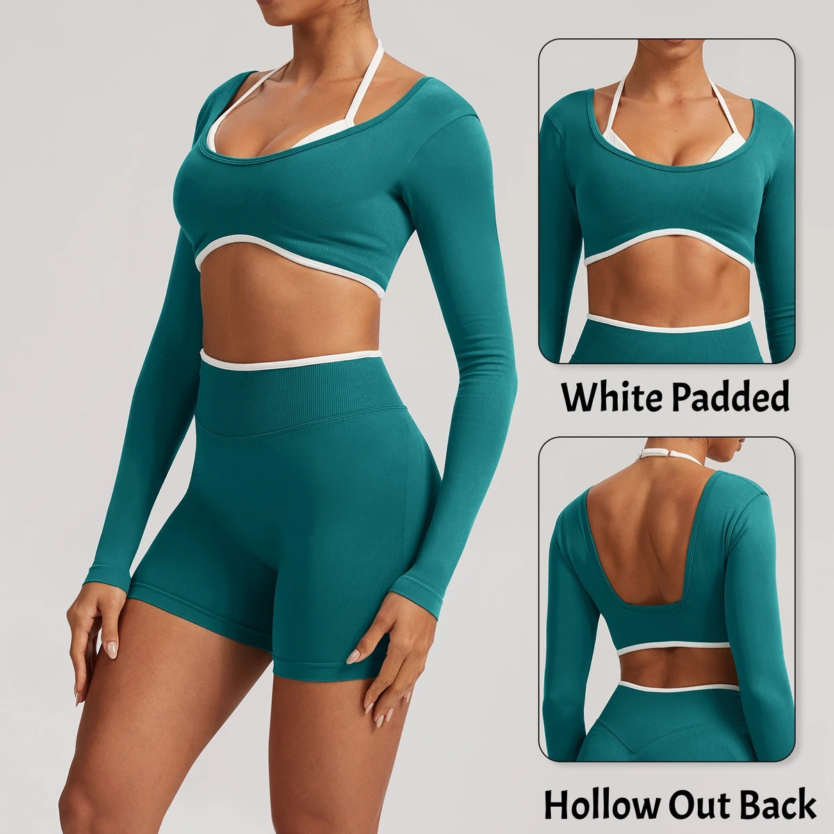 Seamless Hollow Out Back Yoga Set White Piped High Waist Fitness Outfit Color Block Yoga Crop and Shorts Workout Scrunch Pants