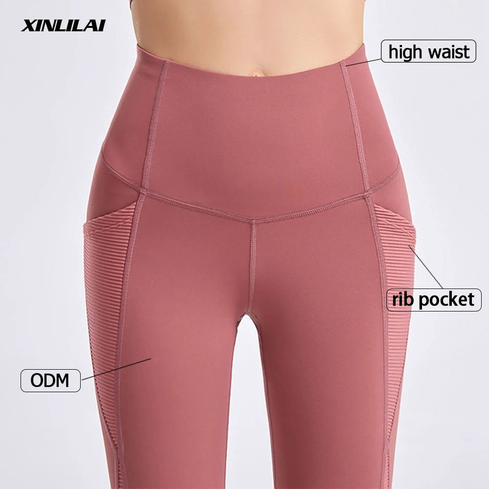 Custom High Waist Yoga Leggings with Ribbed Side Pockets Butt Lifting Tummy Control Workout Pants for Women