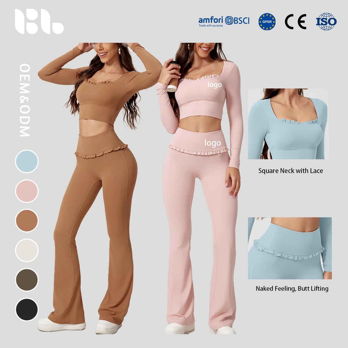 Custom 2-Piece Solid Breathable High Waist Flared Yoga Pilates Fitness Set for Women with Sweat-Wicking & Four-Way Stretch