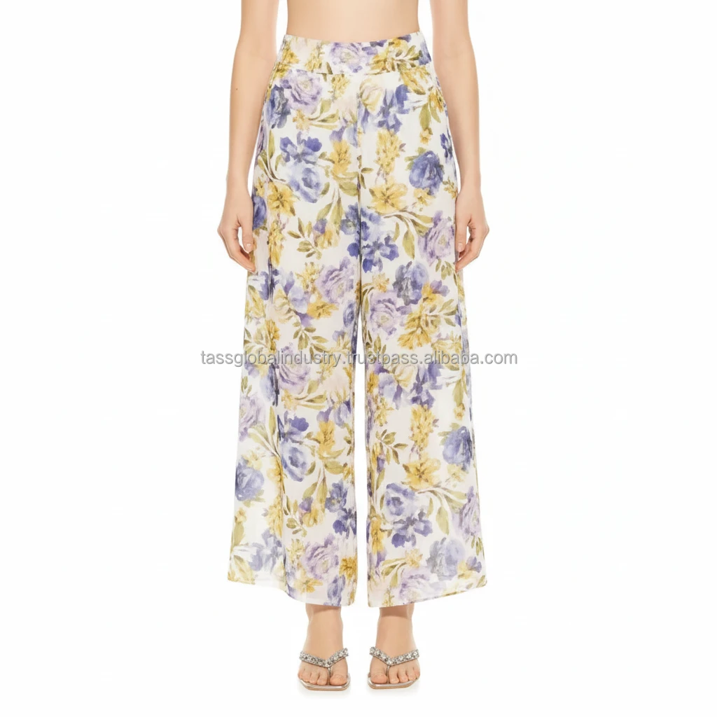 Ladies Casual Floral Printed Vintage Palazzo Pants Soft Rayon Fabric Summer Wide Leg Ankle-Length Trousers Bulk High Waist