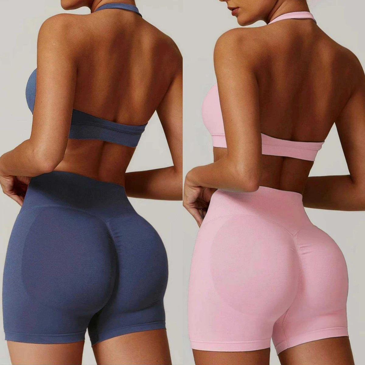 Breathable Eco-Friendly Skinny Tight-Fit Shorts Workout Sets Gym Women Casual 2 Piece Backless Halter Sports Bra Yoga Suit