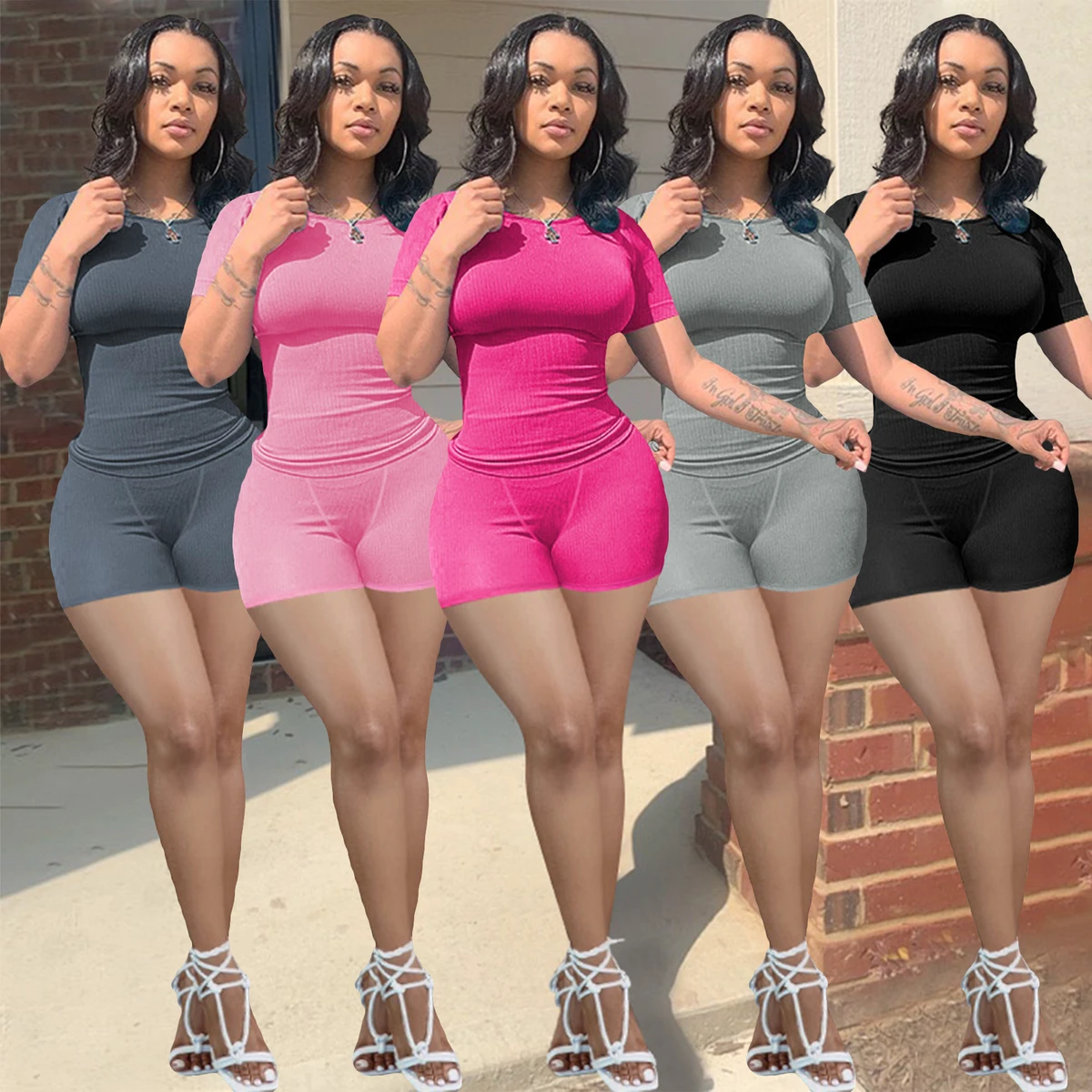 Women Two Piece Set Yoga Clothing Short Sleeve O Neck Casual Top High Waist Slim Fit Shorts 2 Piece Sets Outfits