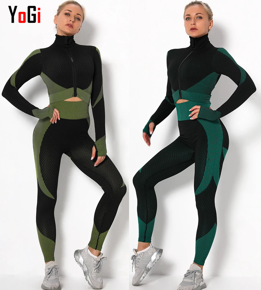 Women Plus Size XXXL Seamless Wear Zip Long Sleeve Crop Top High Waisted Yoga Pants Strech Workout Suit 2 Piece Fitness Set