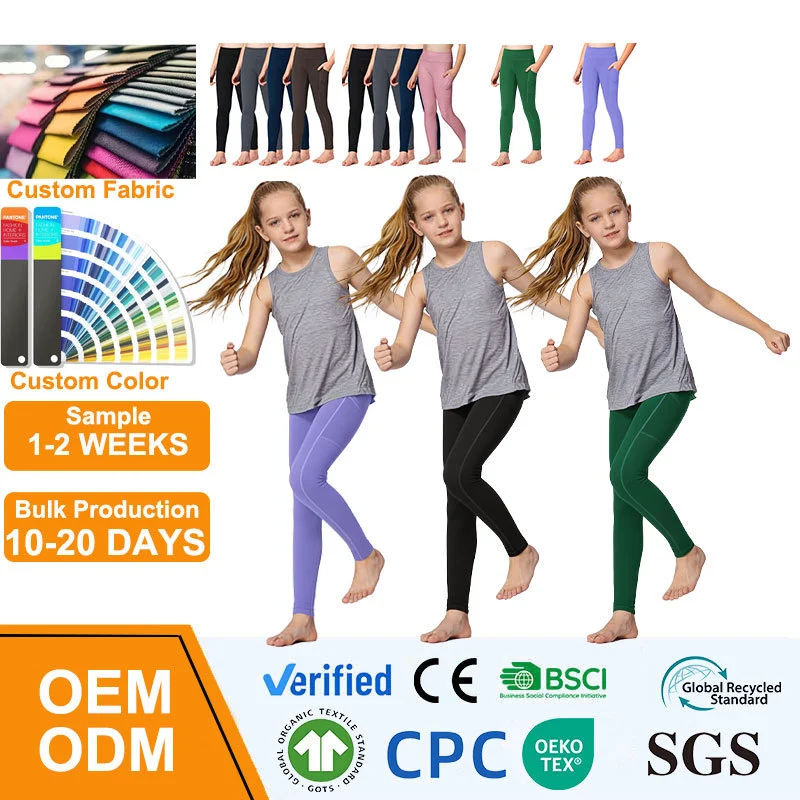 Custom Girls Leggings With Pockets High Waist Yoga Pants Stretchy Sports Tights Kids Active Wear Children Dance Gym Running Gear