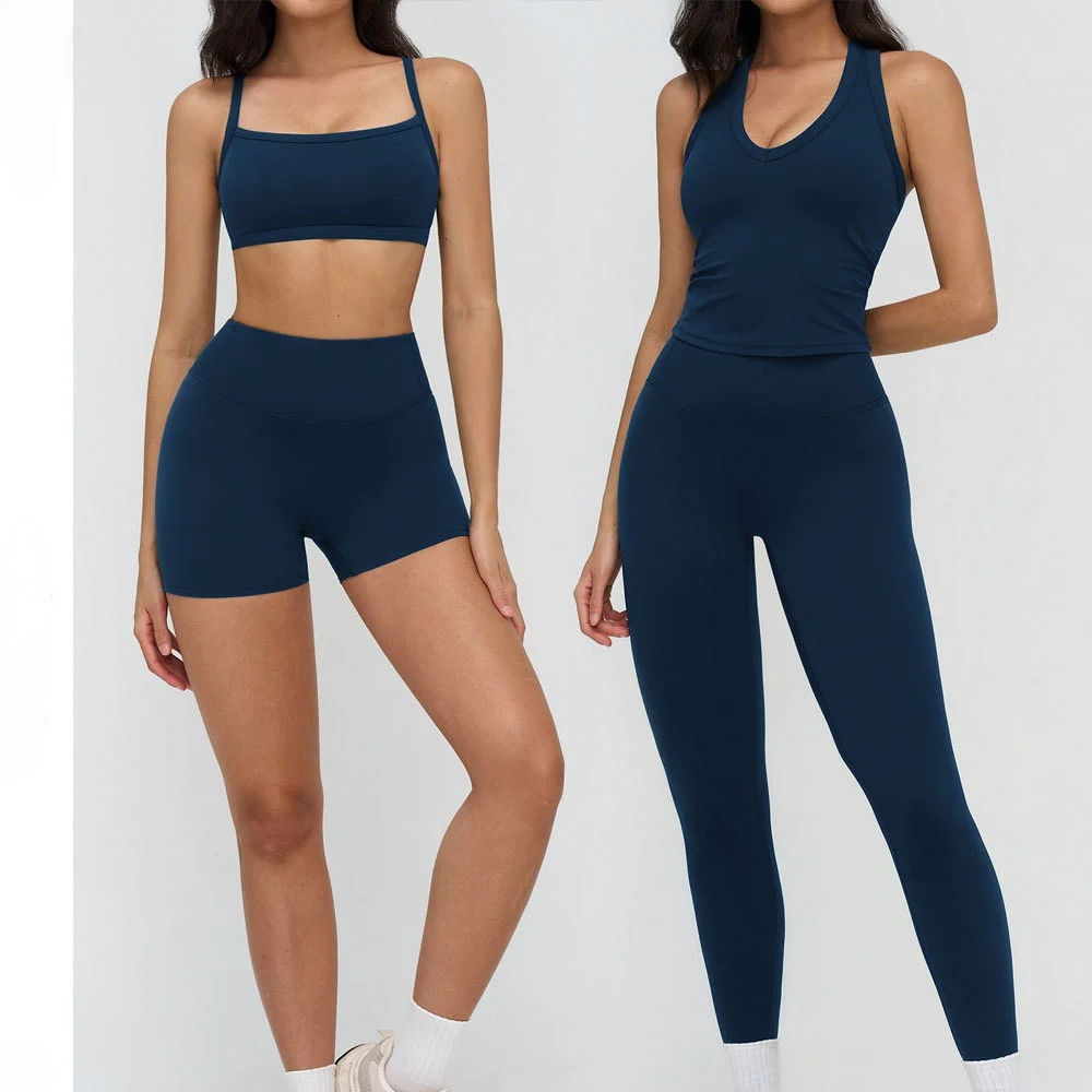 Women's Black Racerback Crop Top High Waist Seamless Yoga Shorts Set Spandex Polyester Breathable Activewear 2 Piece