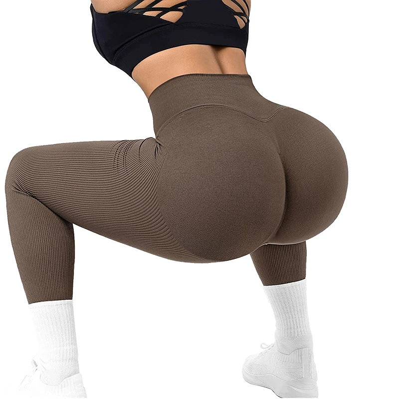 Ribbed Seamless High Waist Butt Lifting Yoga Leggings, Tummy Control Workout Pants