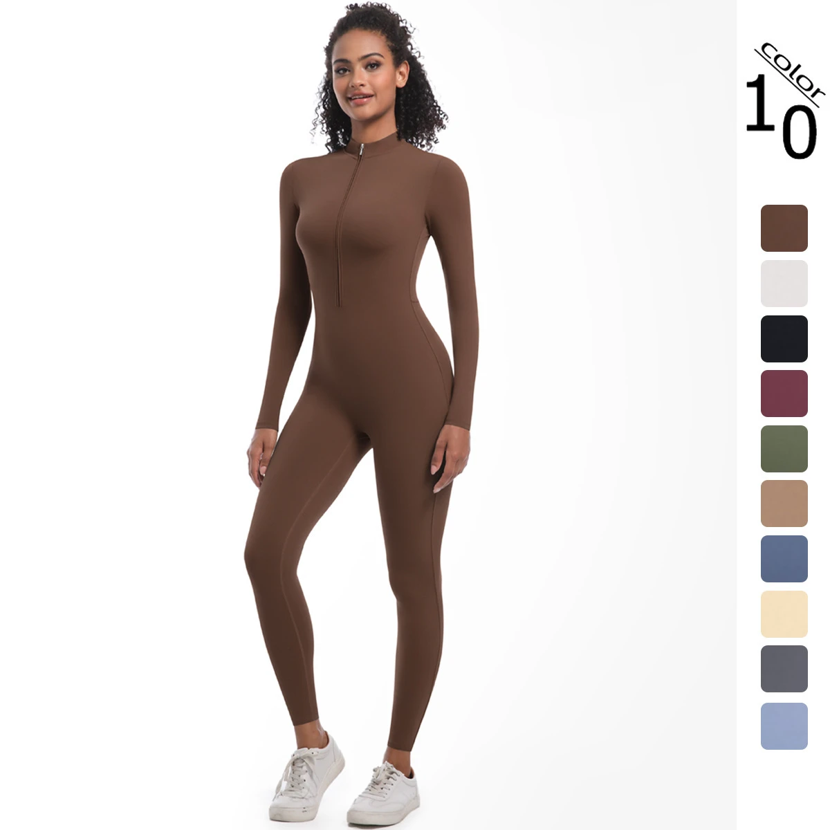 New Style Breathable Spandex/Nylon Half-Zip Tight Solid Color High-Elastic Long Yoga Suit Fitness Running Sports Jumpsuit