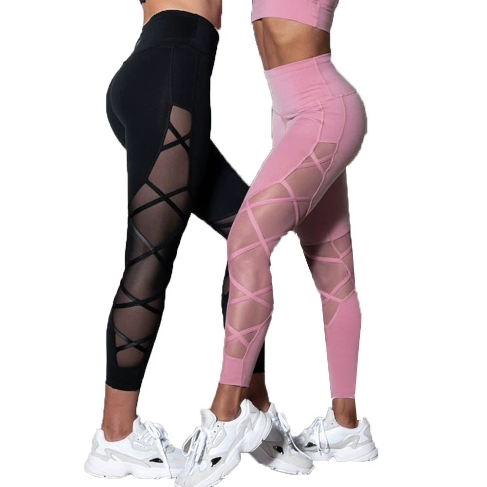 Women's High Waist Breathable Mesh Side Cut Out Leggings Fashion Skinny Sport Yoga Bottoms for Gym Light Weight Plain Design