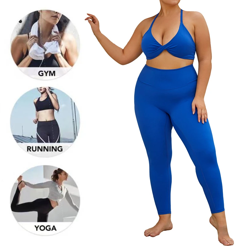 Wholesale New Sexy 2Pcs Plus Size Luxury Yoga Fitness Sets for Women, Custom Logo High Waist Running Leggings + V Neck Gym Bra