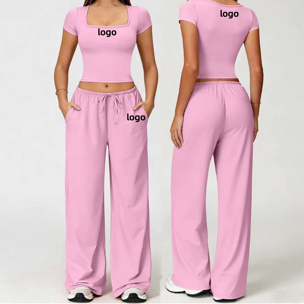 Ladies Pilates Yoga Clothes Suit Square Neck Crop Top & Drawstring Wide-Leg Pants Gym Fitness Set