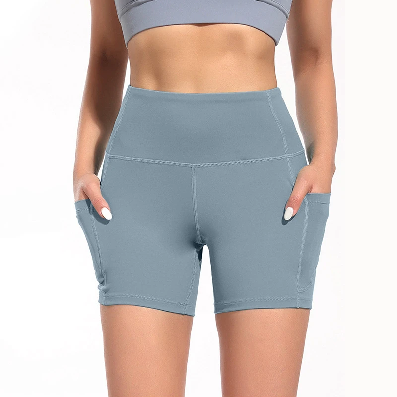 Women High Waist Seamless Side Pocket Yoga Pants Tummy Control Butt Lifting Gym Sports Fitness Breathable Yoga Shorts