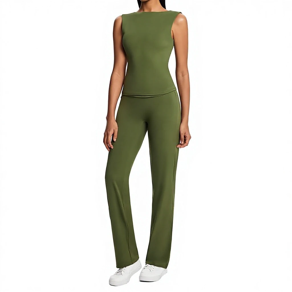 High Waist Sleeveless Solid Color Quick-drying Nylon Spandex Yoga Sports Suit Casual Two-piece Set with Open-back Camisole