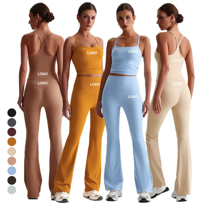 Solid Color Seamless Yoga Set High Waist Flared Pants Spaghetti Strap Crop Top 2 Piece Set Breathable Stretch Fabric