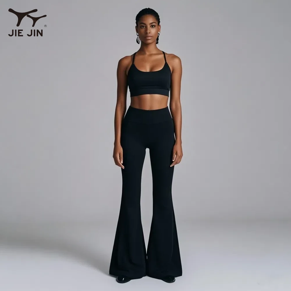 JIEJIN 2025 Tall Women Two Piece Butt Lifting Fitness High Waist Flare Slit Yoga Pants Leggings Set