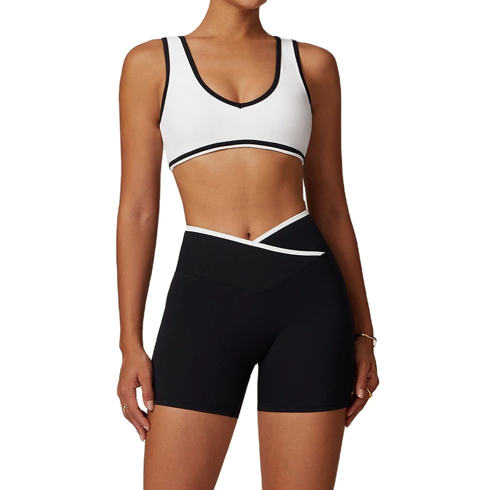 Women's 2-Piece Gym Workout Set Slim Fit Bra Elastic Waist Quick Dry Plaid Sport Short Yoga Sets