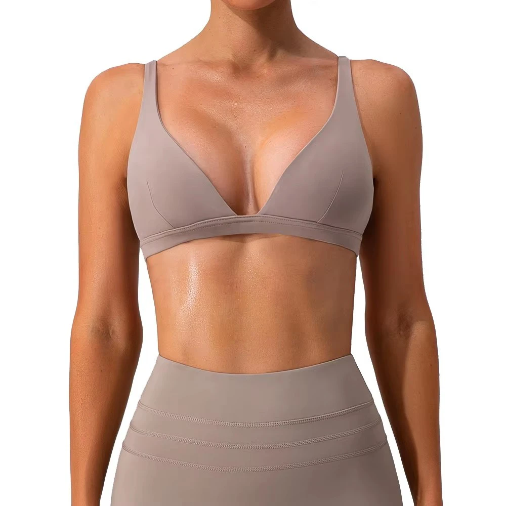 Women's Custom Logo Lightweight Quick Dry Breathable Gym Workout Yoga Sport Bra-Adjustable V-Neck Longline Backless Seamless