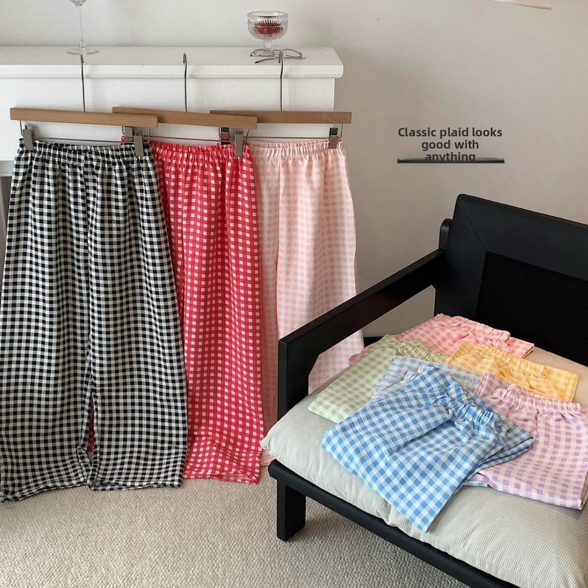 Summer Japan Style Mid Rise Plaid Polyester Loose Fit Plus-size Wide-leg Pants Women Outdoor Wear