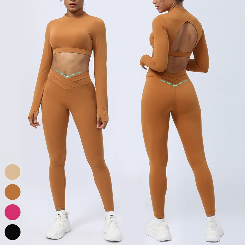 New Sports Outfits Custom Workout Wear Long Sleeve Crop Top High Waist Leggings 2 Piece Suit Gym Fitness Sets Women Yoga Set