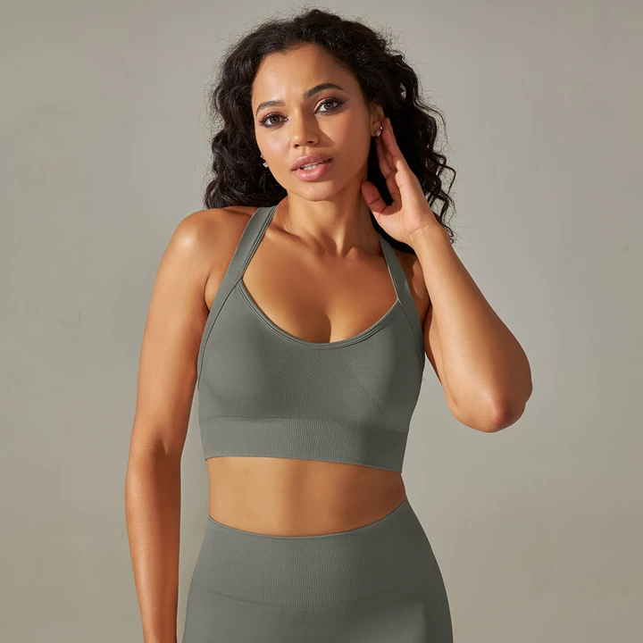 Women's Lightweight Breathable Seamless Sports Bra Crisscross Straps Backless Design Four-Way Stretch Quick Dry High Front