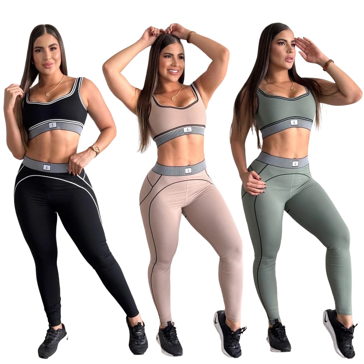 Q6325 European & American Style Solid for Women's High Waist Hip Yoga Suit Two-Piece Slim Fitness Wear Wrinkle-Free