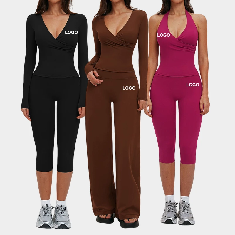 High Quality 4 Pieces Yoga Sets Outfit Flares Leggings Suit Quick Dry Breathable Cropped Custom Logo Sport Gym Wear for Women