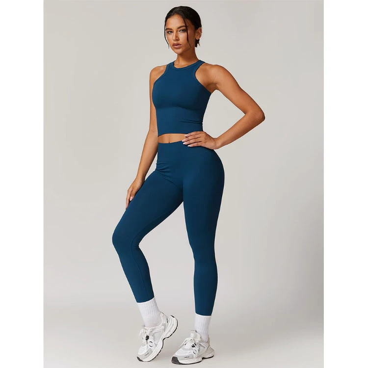 High Support Women's Polyester Spandex Made Sleeveless Yoga Crop Top & Leggings Pants Jogging Running Wear Gym Sets Ladies