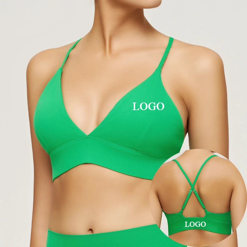 Custom Recyclable Nylon Elastane Breathable Spaghetti Strap Cross Sports Bra Quick Dry Soft V Neck Workout Running Gym Yoga Bra