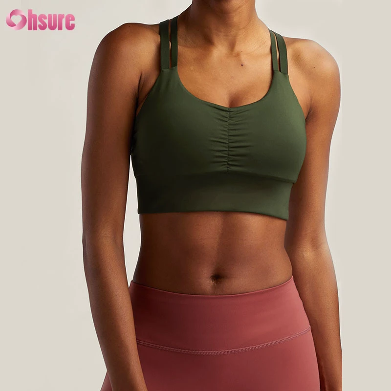 Women Ruched Sports Bra Double Strap Yoga Gym Wireless Four-Way Stretch High Support Workout Bra Removable Pads OEM Service