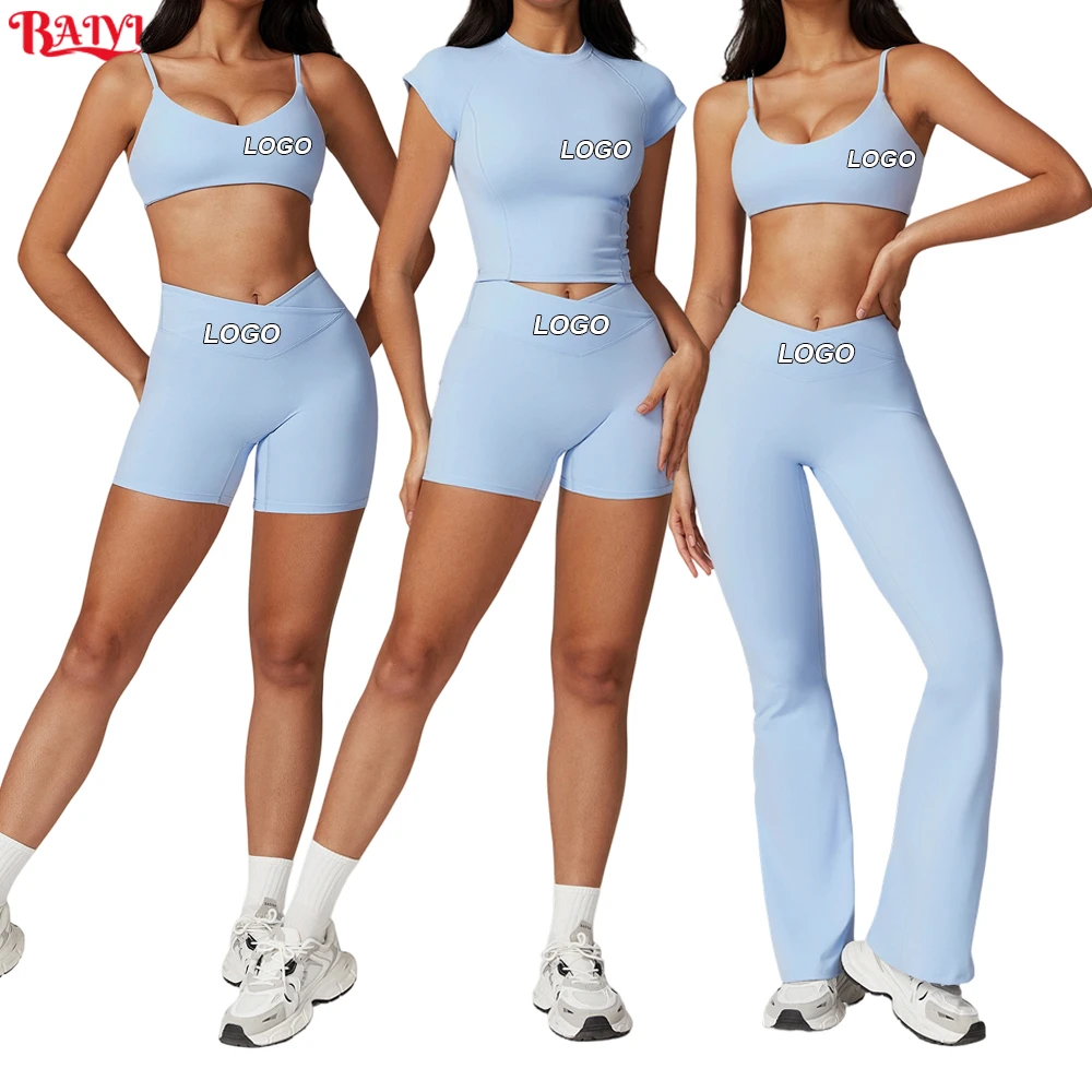 Custom Logo Women Gym Workout Clothes Ropa Deportiva Mujer Nude Sports Bra Flare Leggings Quick Dry 2pc Fitness Yoga Outfit Set