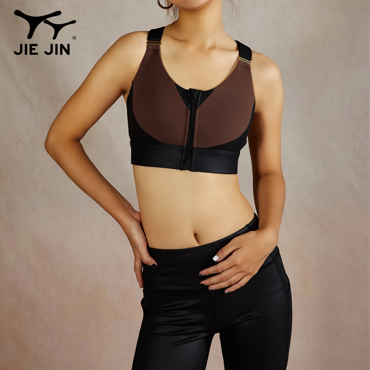 JIEJIN Customization Workout Clothes Full Support Fitness Front Zipper High Impact Adjustable Yoga Sports Bra