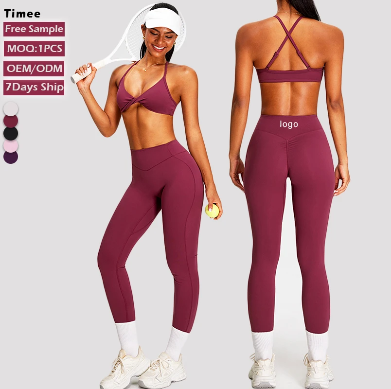 Nude-Feeling Women 2 Piece Yoga Set High Waist Ruched Butt Leggings Cross Back Sports Bra Wholesale Gym Activewear