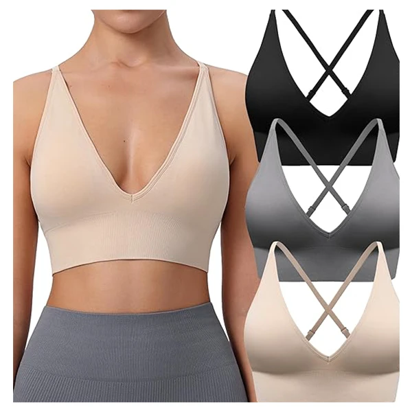 Soft Seamless Sports Bras Adjustable Deep V Neck Bras Wireless Spaghetti Strap Criss Cross Padded Low Support Bra for Women