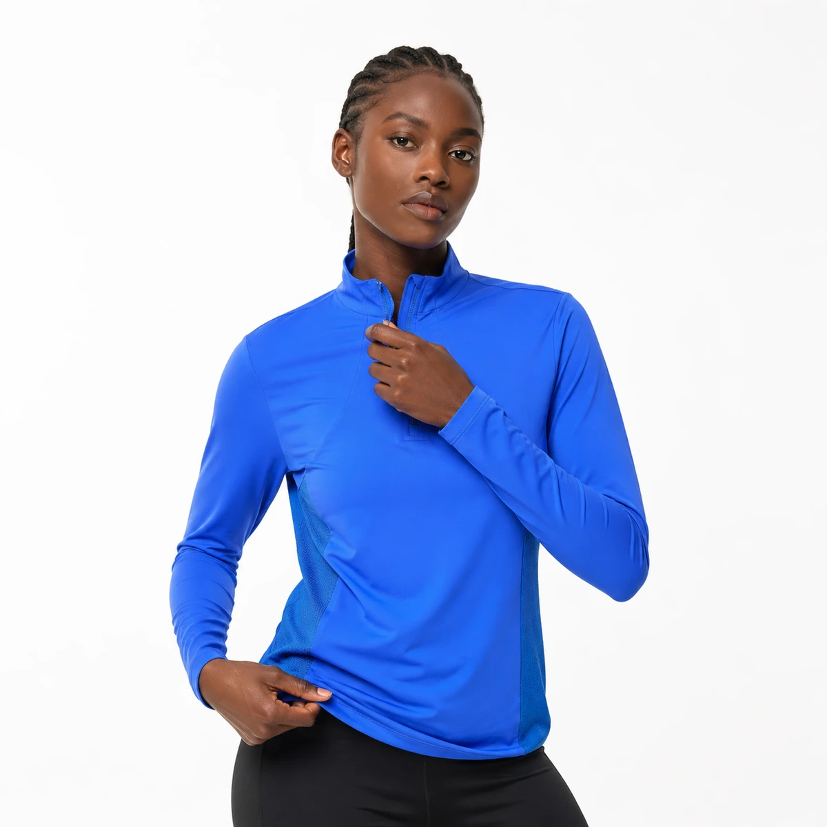 Wholesale OEM ODM Women's Yoga Top 80% Nylon 20% Spandex 210gsm Blue Half-Zip Mesh Panel Fitness & Yoga Wear Breathable