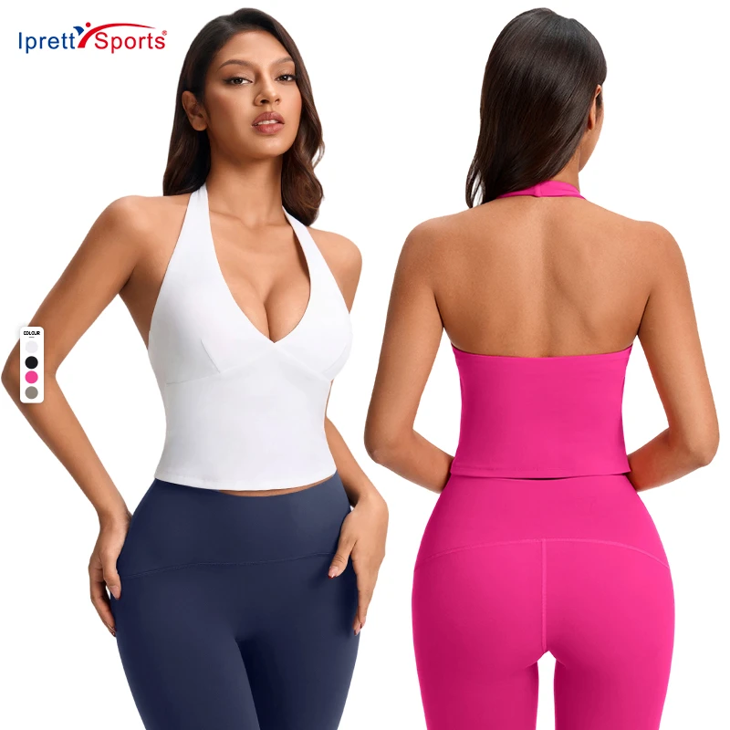 2026 Custom Sexy V Neck Halter Women Yoga Gym Top Padded Open Back High Support Ladies Fitness Wear Blank Halter Sports Bra